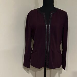 *LAFAYETTE 148 NEW YORK* Plum Virgin Wool Blend Zip-Front Jacket w/ Leather Trim